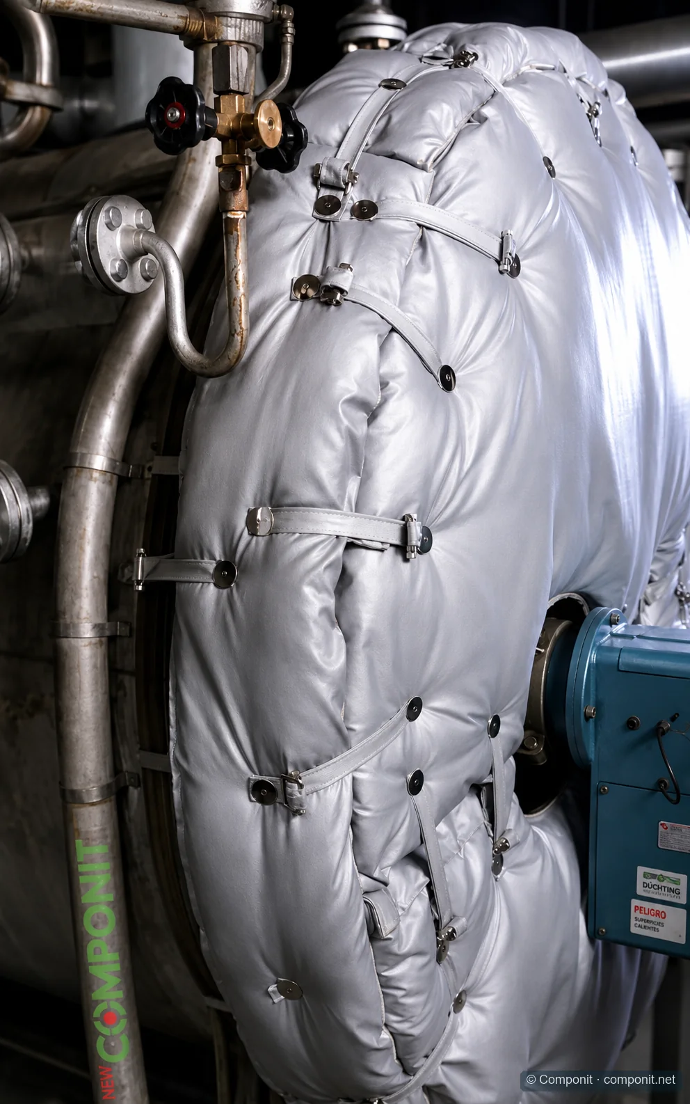 Detalle de cierres y acceso en una manta aislante desmontable instalada sobre un equipo industrial