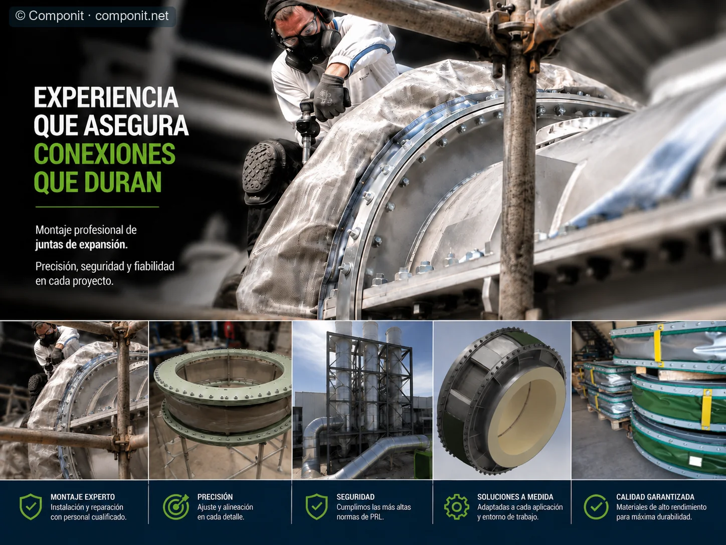 Presentación visual de la experiencia de Componit en montaje profesional de juntas de expansión, seguridad, precisión y soluciones a medida